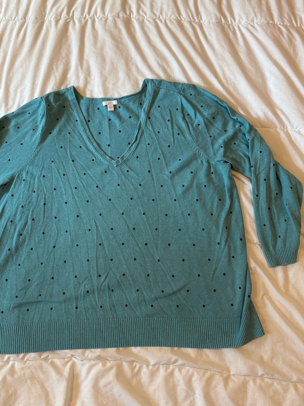 J. Jill Teal V-Neck Sweater with Black Polka Dots